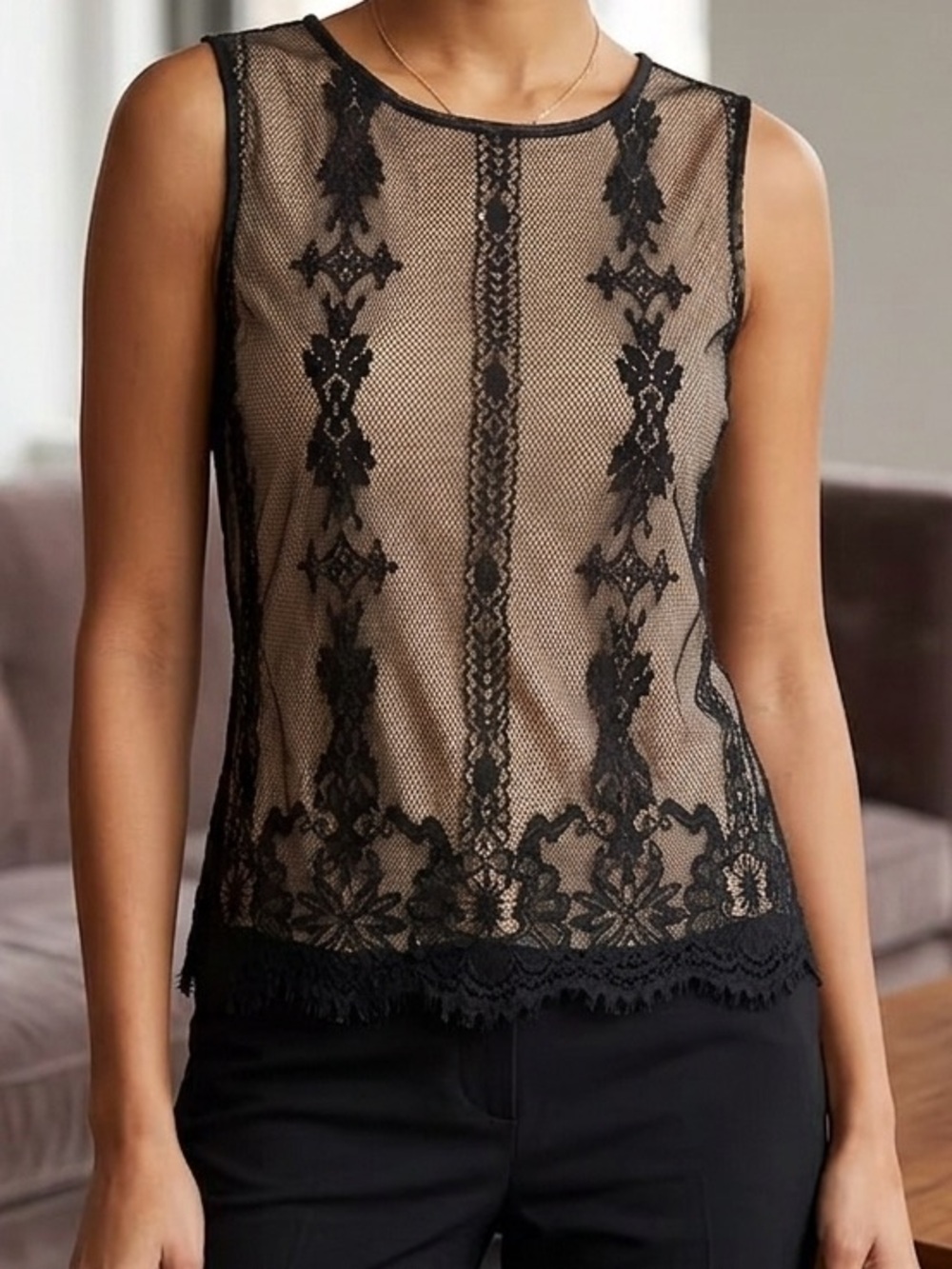 Max Studio Black Lace Tank Top with Beige Lining Size Small